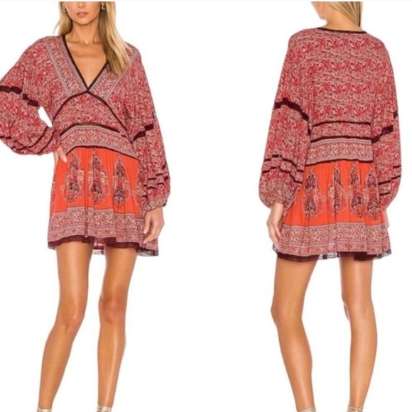 FREE PEOPLE Luna Boho Gypsy India Print V Neck Peasant Dress Orange Red Small - Picture 13 of 13